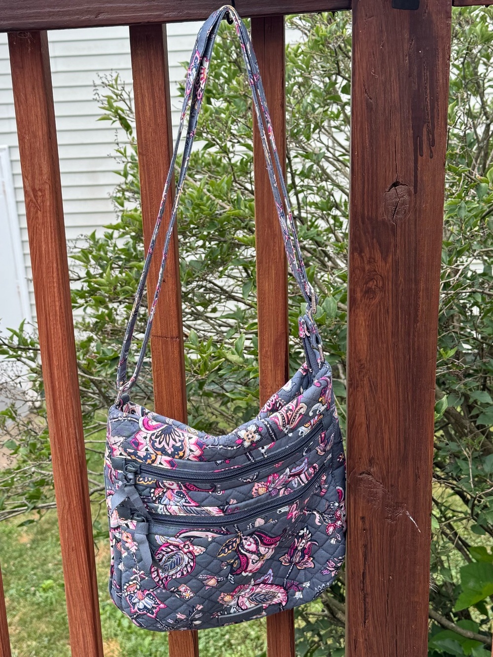 Vera Bradley Quilted Floral Crossbody in Gray and Pink